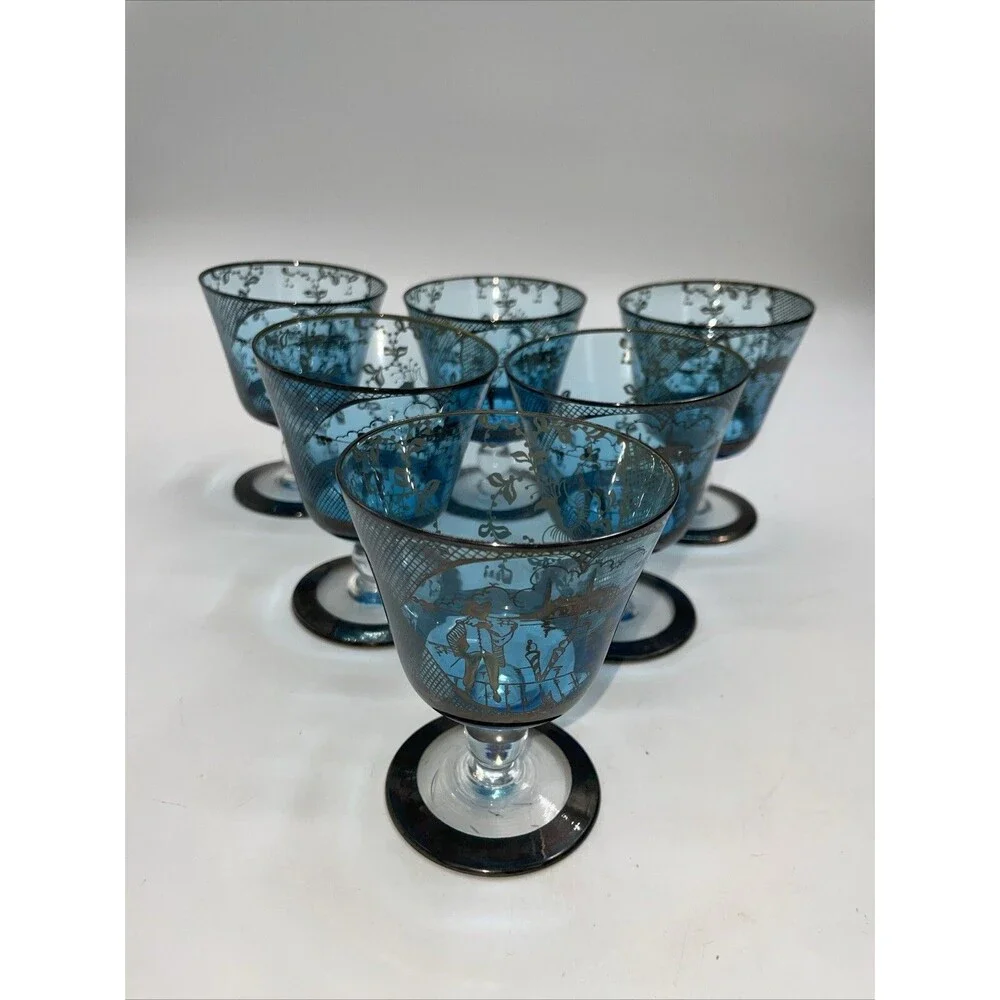 Cobalt Blue 6 wine cocktail stems inlaid sterling man in Asian scene flowers 4”